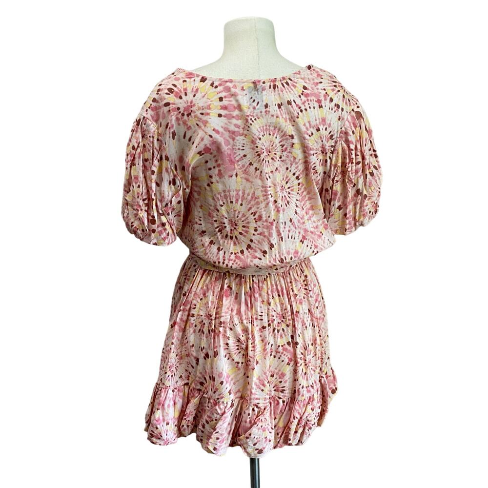 MISA Eloise Pink Tie Waist Puff Sleeve Ruffle Hem Boho Mini Dress Sz M - Picture 4 of 11